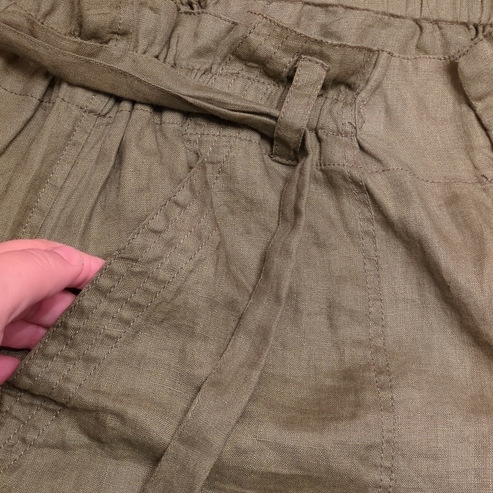 Magaschoni Linen Olive Green Tie Waist Minimalist Shorts Sz L Vacation Cruise - Picture 4 of 4